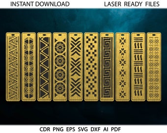 May include: Set of ten gold bookmark designs with different geometric patterns. The designs are ready to be cut with a laser cutter.  The designs include geometric patterns, zigzags, and stripes.