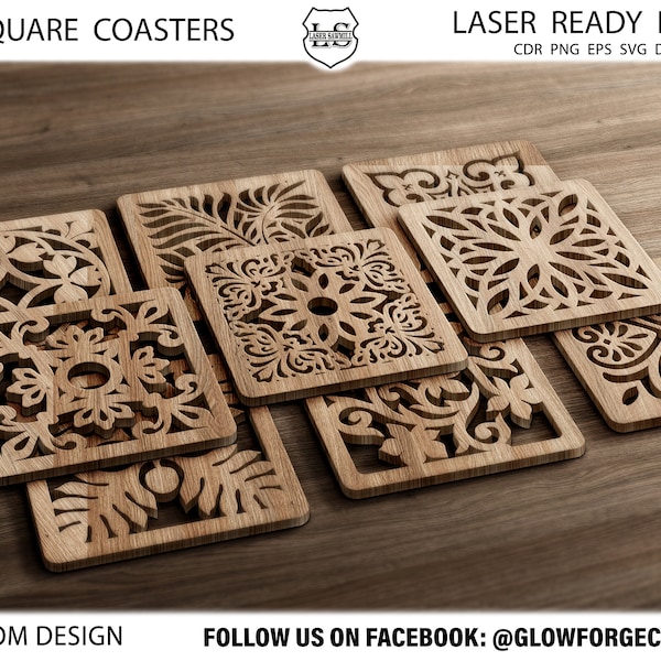 20 Square Coaster dfx, svg, cdr, eps, Coasters pour chaud, carré de sous-verres découpés au laser, Silhouette design pour laser, Plasma, Fichier de découpe Cricut