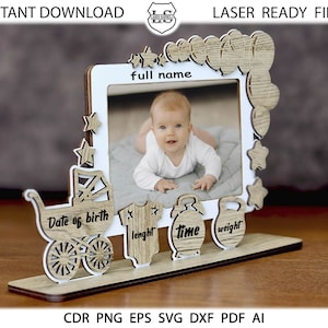 Personalisierte Fotorahmen Kind ometrica Glowforge geschnitten Dateien Personalisierter Rahmen svg Ankündigung Fotorahmen, Geburtsdetails. SOFORTIGER DOWNLOAD