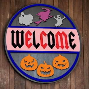 Welcome Halloween, Digital download, Round door hanger svg, Spooky sign svg, Cricut cut file, Silhouette, Glowforge laser, Pumpkin svg