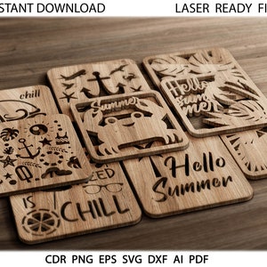 24 Summer Coasters, Glowforge Summer Trivets Coaster Archivos de corte láser SVG, DXF, archivo láser, patrón Cnc, corte cnc Corte láser Descarga instantánea