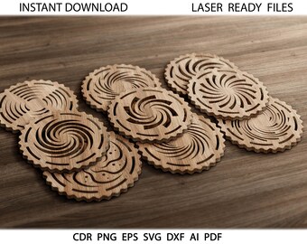 May include: Set of six wooden coasters with a swirling pattern. The coasters are laser cut and have a natural wood finish.