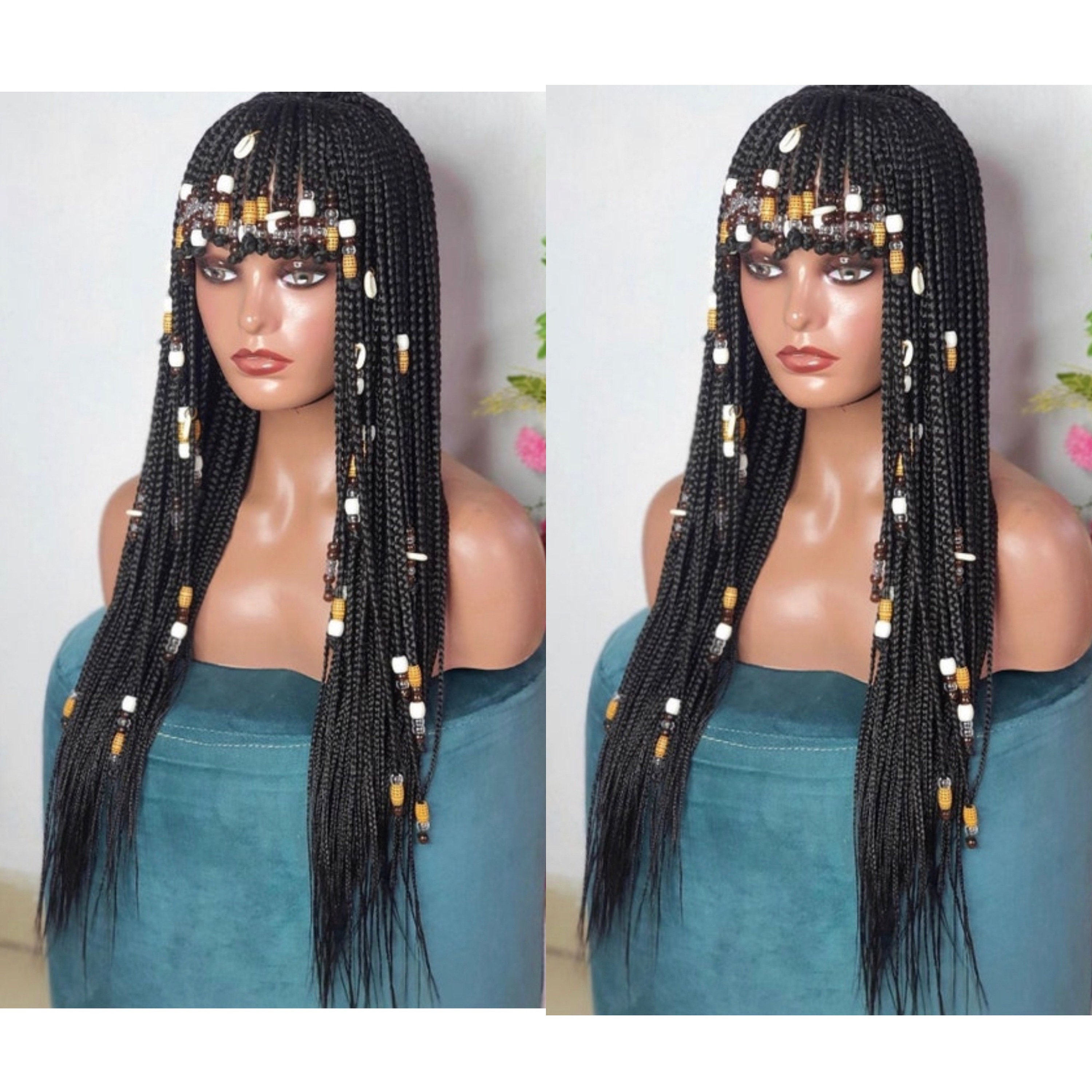 Coiffure Tresse Africaine Avec Perle WIG CLEO //Coiffures africaines perruque tressée avec frange - Etsy France