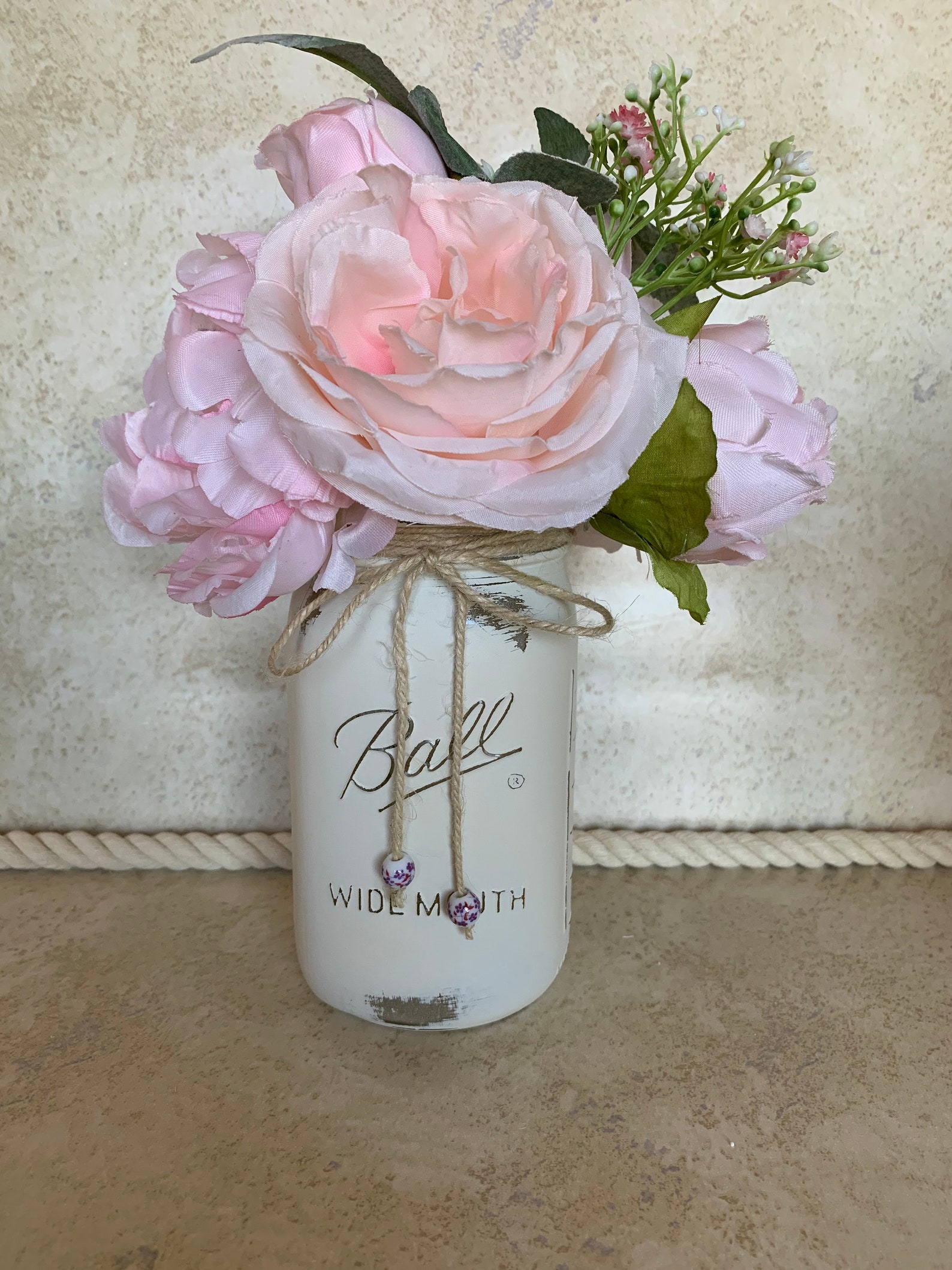 Chalk painted mason jar with flowers Fall mason jar decor Etsy