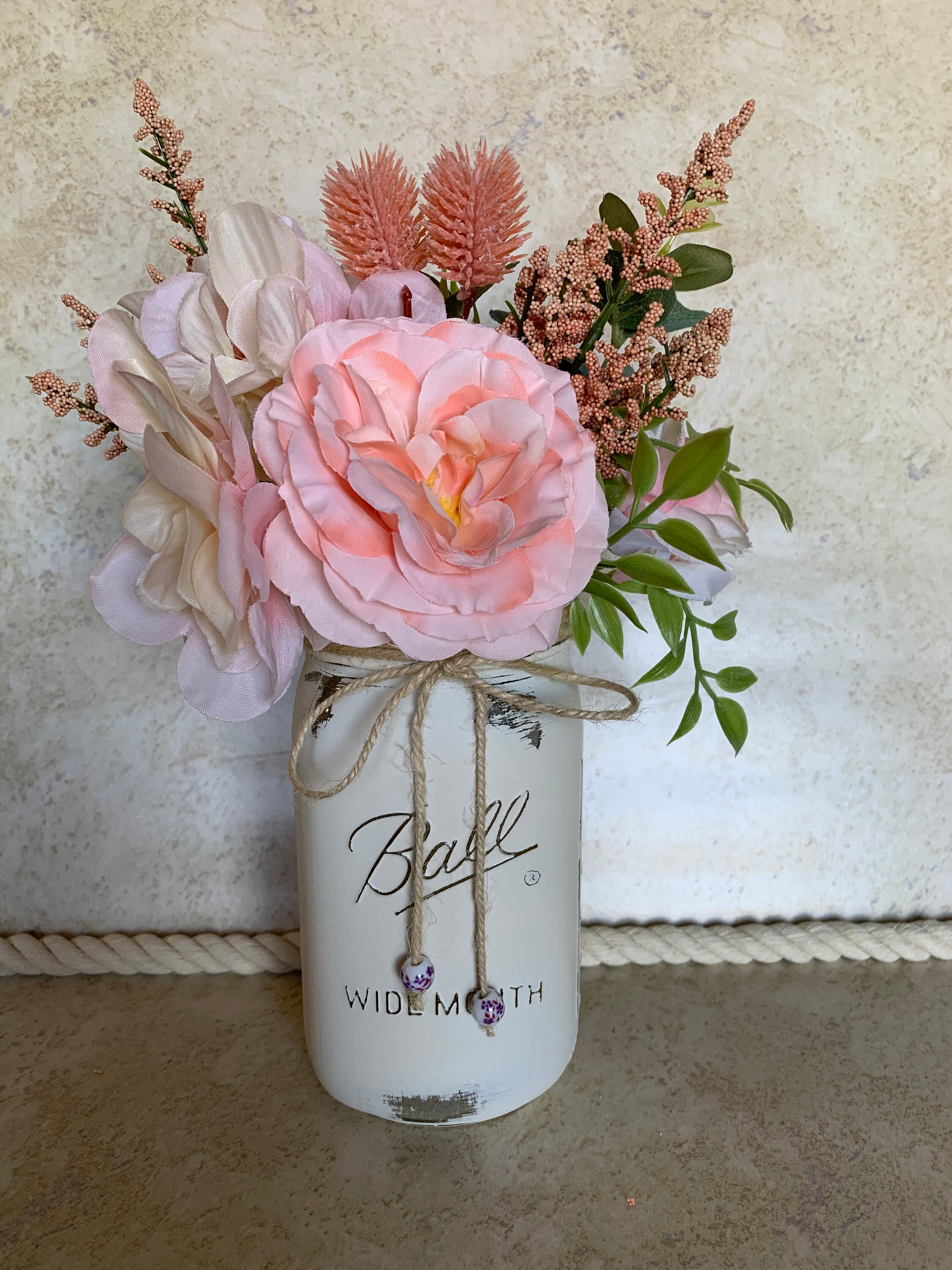 Chalk painted mason jar with flowers Fall mason jar decor Etsy