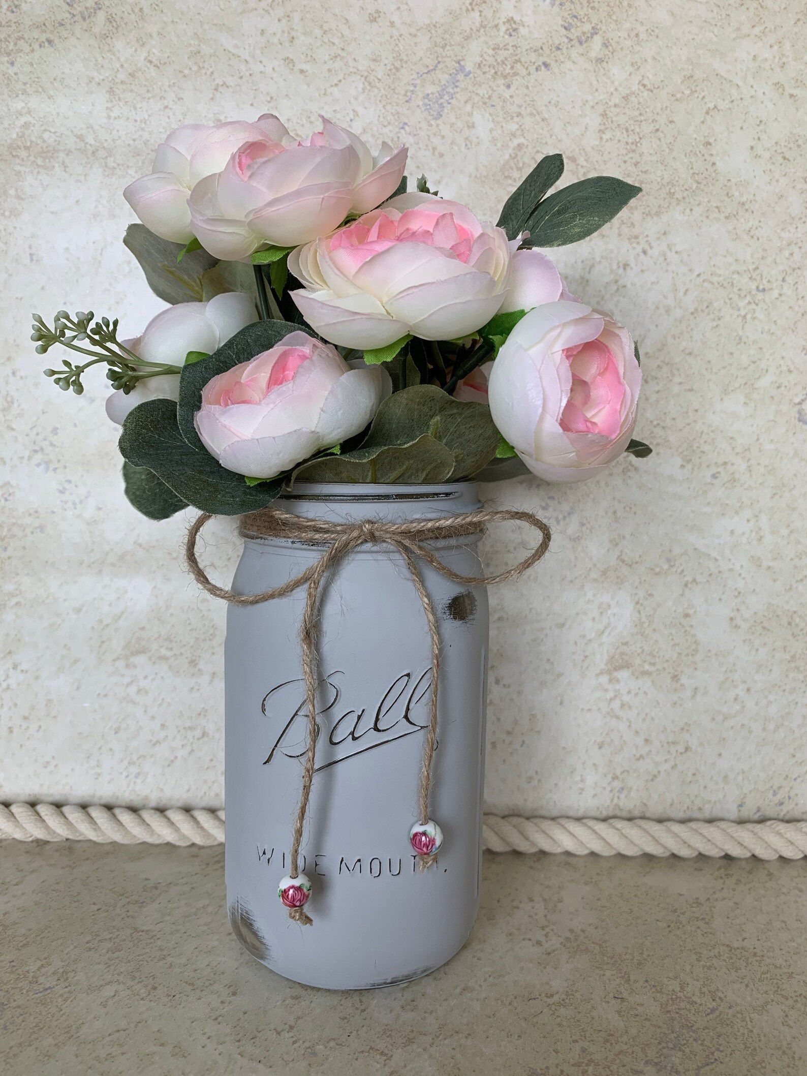 Chalk painted mason jar with flowers Fall mason jar decor Etsy