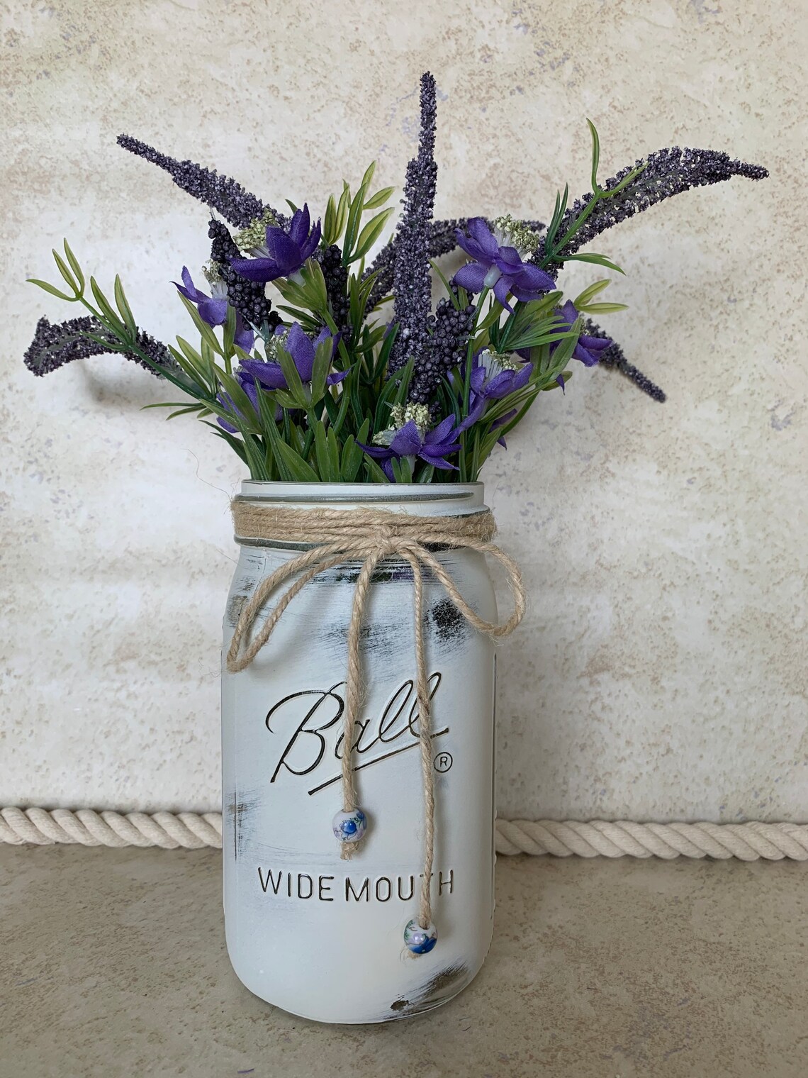 Chalk painted mason jar with flowers Fall mason jar decor Etsy