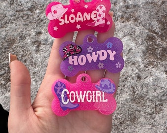 Western Cowboy Pet ID Tag: Custom Glitter Bone Tag