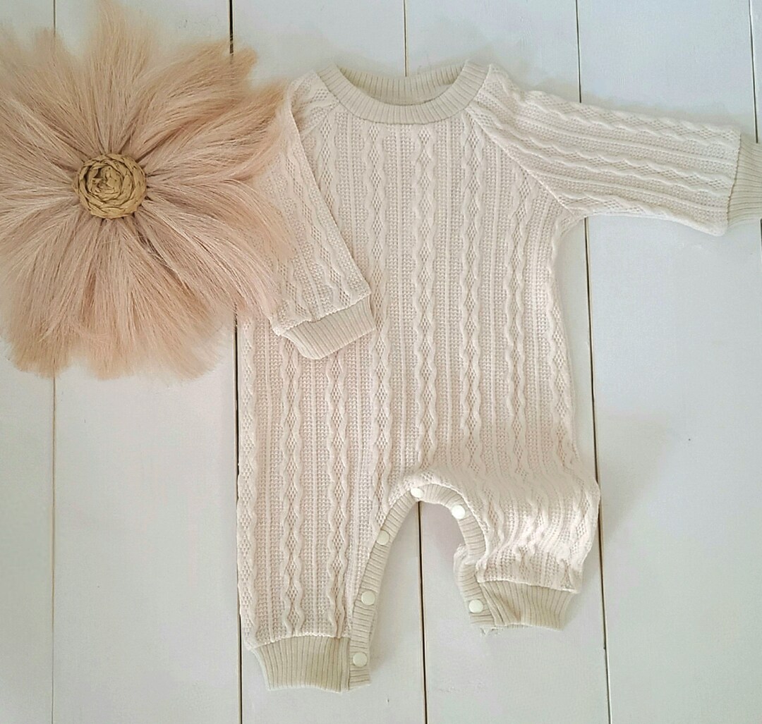 Baby Cable Knit Sweater Romper, Boy Girl All in One Cream Lightweight