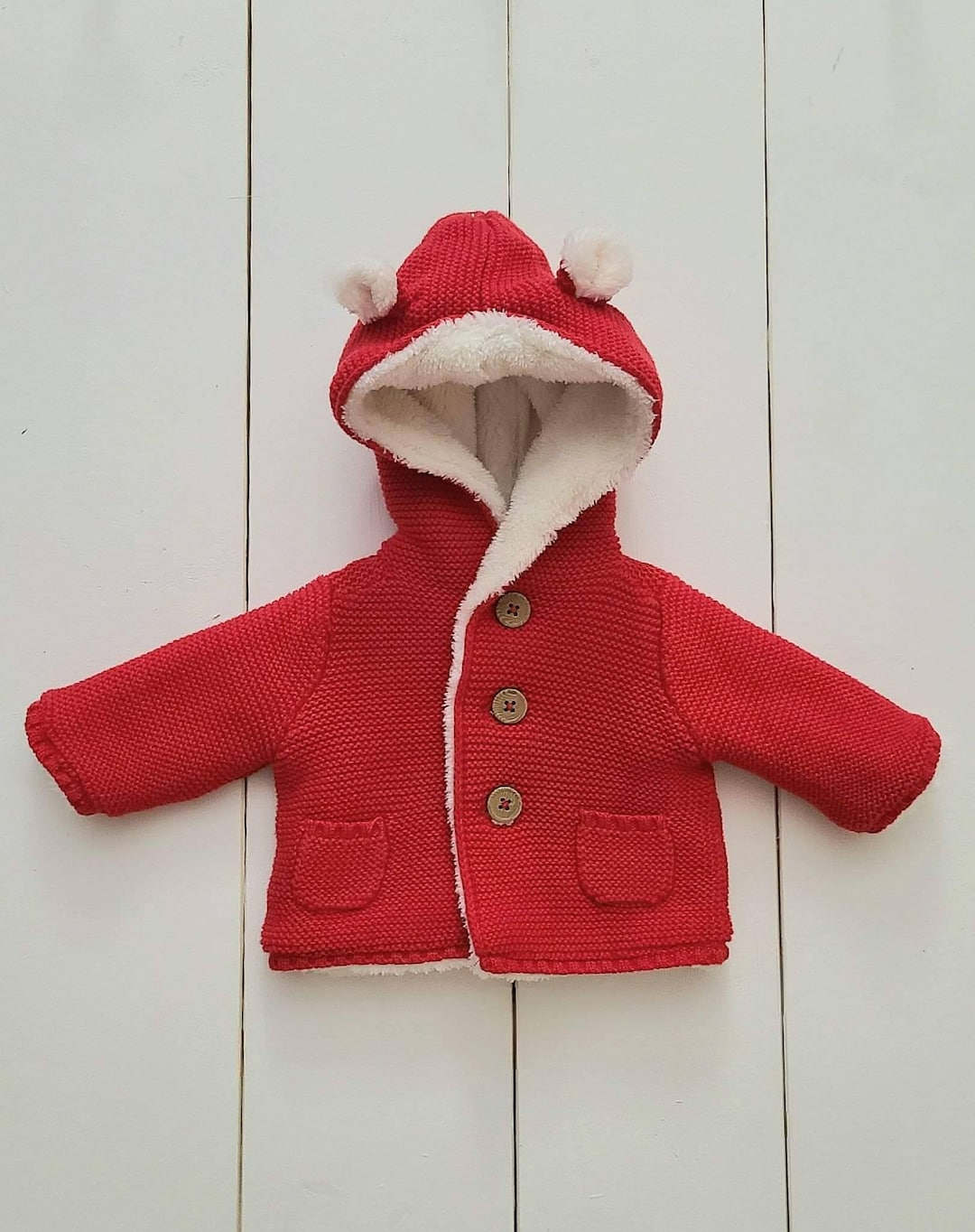 Chunky Knit Winter Coat Baby Boy Girl, Red Christmas Coat, Sherpa Lined