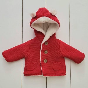 Chunky Knit Winter Coat Baby Boy Girl, Red Christmas Coat, Sherpa Lined Hooded Jacket, Neutral Infant Outerwear, 3D Animal Ear Knit Hoodie
