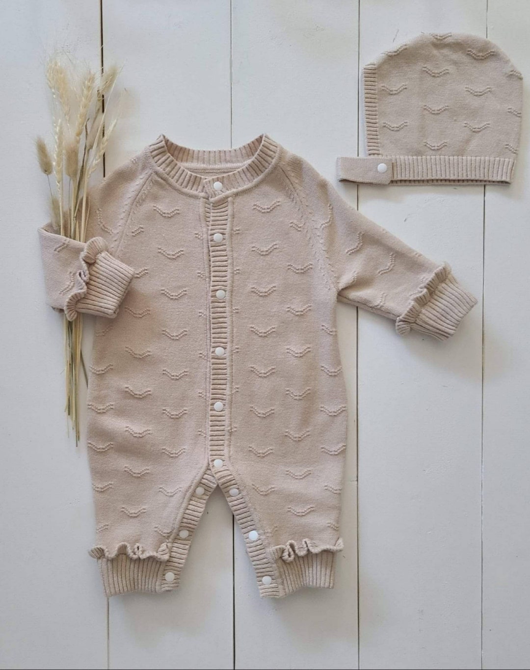 Baby Girl Knit Sweater Romper Matching Set, Ruffle Trim Long