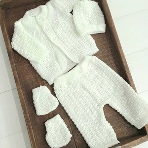 Knitted Newborn Layette, New Baby Take Home Outfit, White Crochet Cardigan, Gender Neutral Sweater Pants Hat Set, Newborn Sweater Sets
