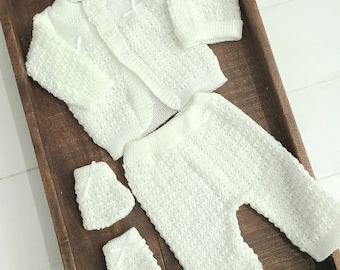 Knitted Newborn Layette, New Baby Take Home Outfit, White Crochet Cardigan, Gender Neutral Sweater Pants Hat Set, Newborn Sweater Sets