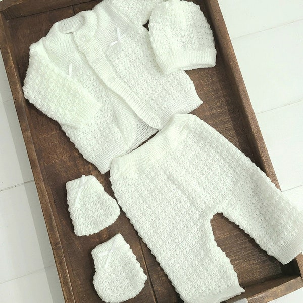 Knitted Newborn Layette, New Baby Take Home Outfit, White Crochet Cardigan, Gender Neutral Sweater Pants Hat Set, Newborn Sweater Sets