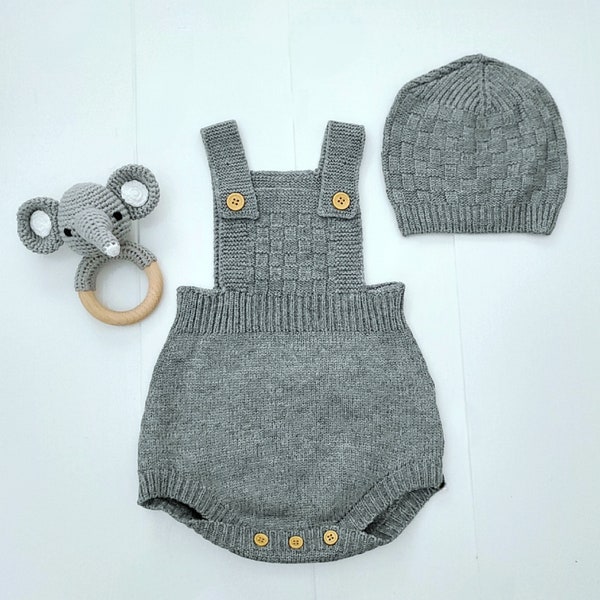 Infant Knit Overalls and Hat Set, 1st Easter Outfit Baby Boy, Handmade Knit Sweater Romper, Unisex Jumpsuit Spring, Newborn Photo Shoot Prop