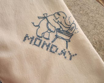 Vintage Embroidered Tea Towel Elephant and Monday in blue. Two crocheted blue edges.  33x37"