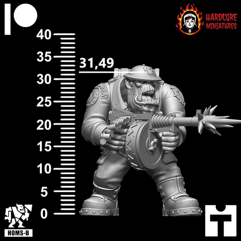May include: A grey plastic miniature of an Orc soldier holding a large, detailed, spinning gun with a spiked barrel. The miniature is 31.49 cm tall and is standing on a black background.