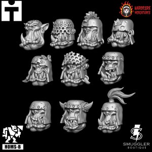 May include: A collection of miniature Orc heads, each with unique helmet designs. The helmets feature various details like gears, rivets, and horns. The Orcs have prominent tusks and aggressive expressions. The image includes logos for Hardcore Miniatures and Smuggler Boutique.