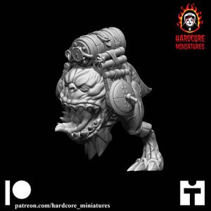 May include: A 3D printed miniature of a grotesque creature with a large mouth and a backpack. The creature has a single leg and a shield on its back. The miniature is painted in a gray color.