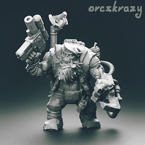 May include: A grey plastic miniature figurine of an Orc wearing a beret and holding a gun and a tool. The Orc has a beard and is wearing a vest and trousers.