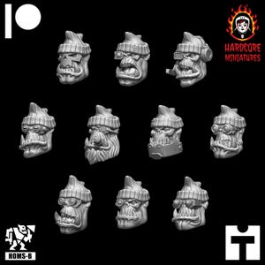 May include: A set of 10 3D printed Orc heads with winter hats and goggles. The heads are in various poses and expressions.