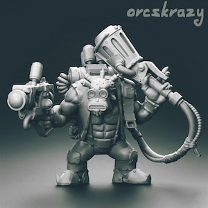 May include: A gray, detailed miniature figurine of a heavily armed, steampunk-style orc. The orc is wearing goggles and a mechanical backpack with a large pipe extending from it. The orc is holding a large, detailed, mechanical weapon in one hand and a smaller, detailed, mechanical weapon in the other hand.