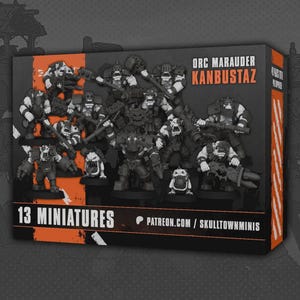 May include: Box set of 13 Orc Marauder Kanbustaz miniatures. The box has a black and orange design with the text "Orc Marauder Kanbustaz" and "13 Miniatures". The miniatures are gray and black.