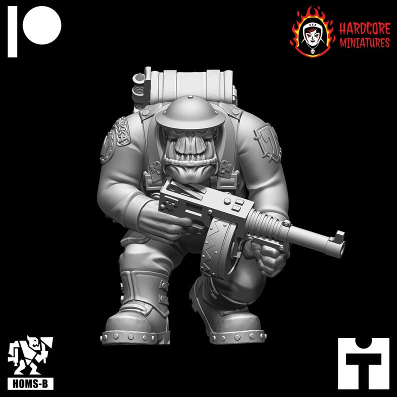 May include: A grey plastic miniature of an Orc soldier wearing a helmet and holding a machine gun. The Orc is wearing a backpack and has a determined expression on its face.