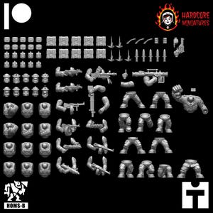 May include: A set of miniature plastic figures for tabletop gaming. The set includes various body parts, weapons, and heads. The figures are grey and unpainted. The set is labelled "HOMS-B" and "HARDCORE MINIATURES".