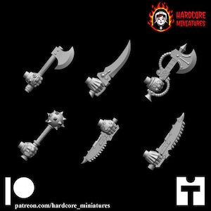 May include: Six 3D printed miniature weapons for tabletop games. The weapons include a spiked club, a sword, a dagger, a saw blade, an axe, and a chain-axe.
