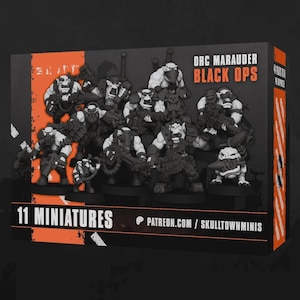 Peut inclure: Boîte de produit avec des figurines Orc Marauder Black Ops. La boîte présente un design orange et noir avec le texte "11 Miniatures" et "Orc Marauder Black Ops". Les figurines sont en différentes poses.