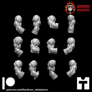 May include: A collection of twelve gray miniature arms, each sculpted with detailed muscle definition. Some arms feature decorative wristbands with rivets or studs. The image is set against a black background, with the Hardcore Miniatures logo in the upper right corner.