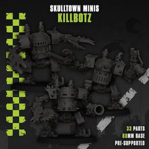 Può includere: Tre miniature di robot grigie etichettate Skulltown Minis Killbotz. Ogni robot presenta arti meccanici, armature chiodate e armi integrate, tra cui seghe e cannoni. Il set include 33 parti e una base da 60mm, fornito pre-supportato.