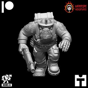 May include: A grey 3D printed miniature of an Orc wearing a military uniform and carrying a weapon. The Orc is wearing a helmet with a skull and crossbones emblem. The miniature is part of a set of miniatures for a tabletop wargame.