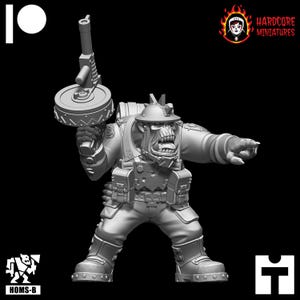 May include: A grey plastic miniature of a fantasy creature wearing a military uniform and holding a large gun. The creature has a large head with a wide mouth and sharp teeth. The miniature is part of a set of fantasy miniatures.
