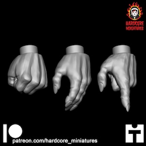 May include: Three 3D printed hands in different poses. The hands are printed in a light gray color and are posed in a fist, a grabbing gesture, and a pointing gesture.
