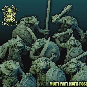 Puede incluir: Una colección de figuras de duendes verdes en varias poses, empuñando armas como espadas, lanzas y mazas. Cada figura está detallada con armadura y escudos. El texto "THE LONG SNOUTS" y "MULTI-PART MULTI-POSE" es visible.