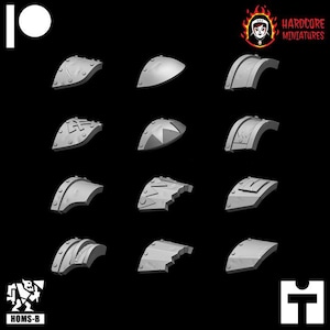 May include: Twelve different 3D printed plastic shoulder pad designs for miniature figures. The pads are gray and have various textures and details.