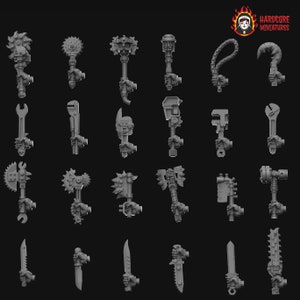May include: A set of 20 3D printed miniature weapons for tabletop gaming. The weapons are made of grey plastic and include a variety of melee and ranged weapons, such as axes, swords, chainsaws, and guns.