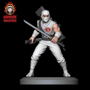 May include: White ninja action figure with a red Cobra symbol on the chest, holding two swords and a quiver of arrows on his back.