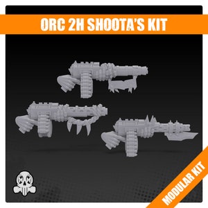 May include: A 3D printed kit for building a modular Ork 2H Shoota's kit. The kit includes three different styles of Shootas, each with unique details and features.