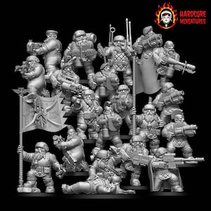 Może przedstawiać: Grupa 15 szarych plastikowych figurek miniaturowych przedstawiających krasnoludy, niektóre trzymające broń, inne trzymające flagi. Figurki są ułożone w rozstawionej formacji, z najwyższymi figurkami z tyłu i najniższymi figurkami z przodu. Figurki są wszystkie ubrane w zbroje i niosą broń. Figurki są wszystkie pomalowane na szaro.