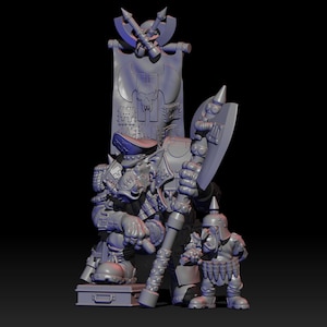 Peut inclure: Miniature grise imprimée en 3D d'un personnage fantastique, assis sur un trône avec une bannière au-dessus. Le personnage tient une grande hache et est accompagné d'une petite figurine. La bannière représente un crâne et des armes croisées.