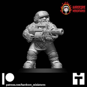 May include: A gray 3D printed miniature of a dwarf wearing a helmet and holding a large gun. The dwarf is wearing a utility belt and has a beard. The miniature is on a black background.