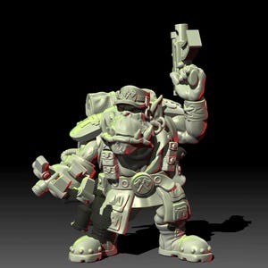 Op de afbeelding: Een grijs plastic miniatuurfiguur van een ork die een militair uniform draagt en een geweer vasthoudt. De ork heeft een grote snuit en draagt een rugzak en een riem met een pikhouweel-symbool.