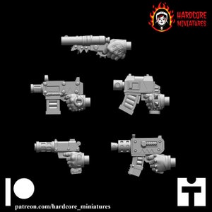 May include: Five 3D printed miniature guns with a futuristic design. The guns are gray and have a variety of shapes and sizes. The guns are all held in a hand, but the hands are not visible in the image.