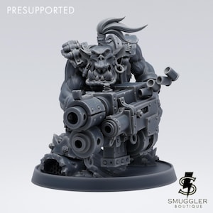 May include: A grey, pre-supported 3D printed miniature of an Orc wielding a large, detailed, double-barreled gun. The Orc is wearing armour and has a mohawk. The miniature is on a round base.