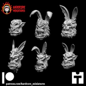 May include: A collection of six gray miniature busts, each depicting a grotesque creature with rabbit ears. The busts have detailed features, including sharp teeth and textured fur. The Hardcore Miniatures logo is in the top left corner, and the Patreon link is at the bottom.
