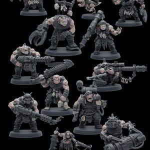 May include: A collection of eleven unpainted grey plastic miniature figures depicting muscular humanoid creatures with tusks, wearing armored vests and boots. The figures are equipped with various weapons including large blades, heavy guns, and mechanical claws, each mounted on a circular base.